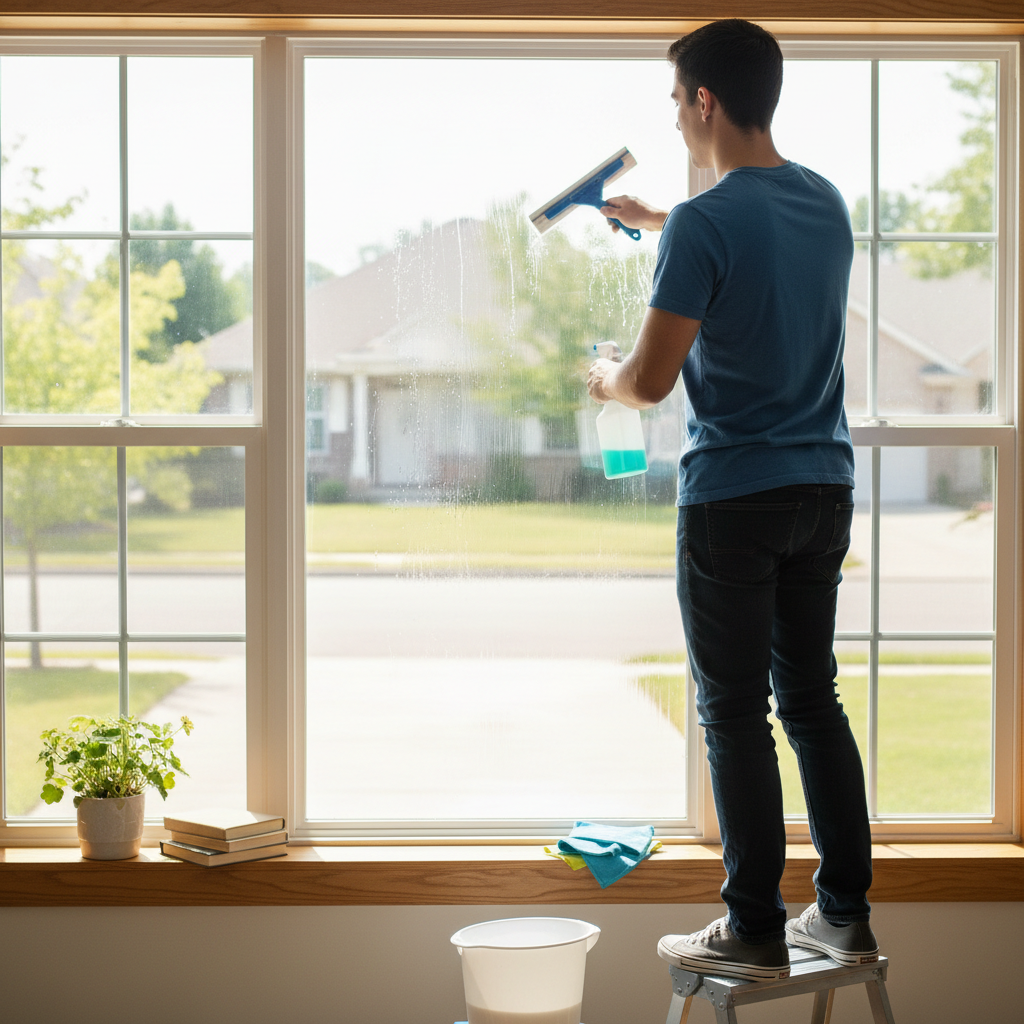 Ein Mann mit blauem T-Shirt steht auf einem kleinen Tritt und putzt mit einem Abzieher eine große Fensterscheibe.